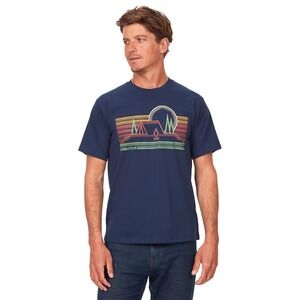 Marmot Men's Small Bivouac Short Sleeve Tee T-Shirts Navy Blue Camping Sunset